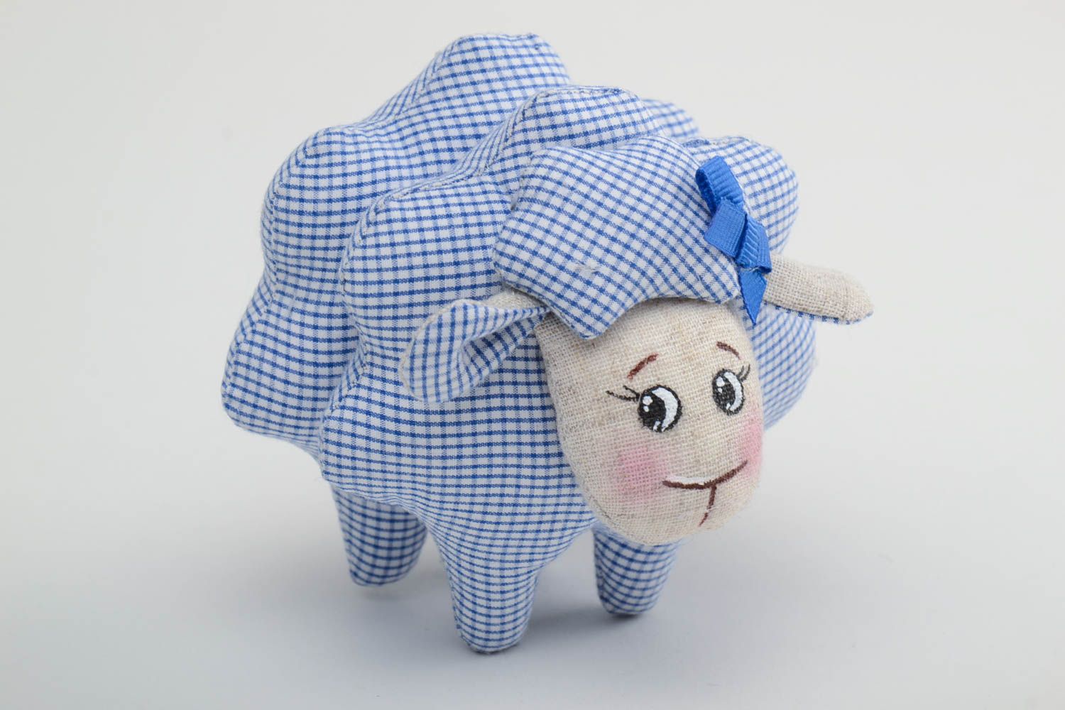 Handmade checkered linen fabric soft toy for children and interior photo 2