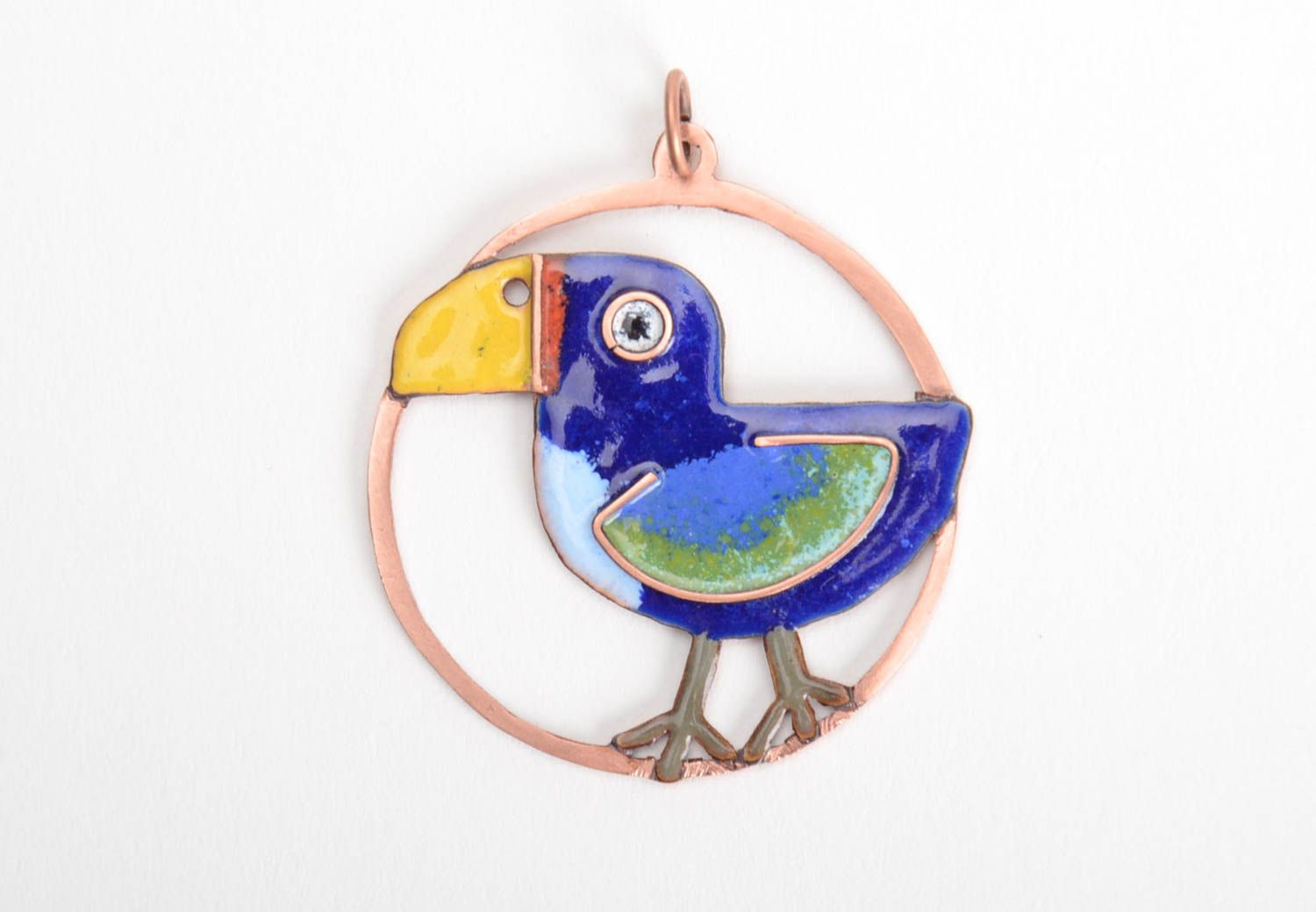 Handmade copper pendant with hot enamel painting without chain Bird photo 4