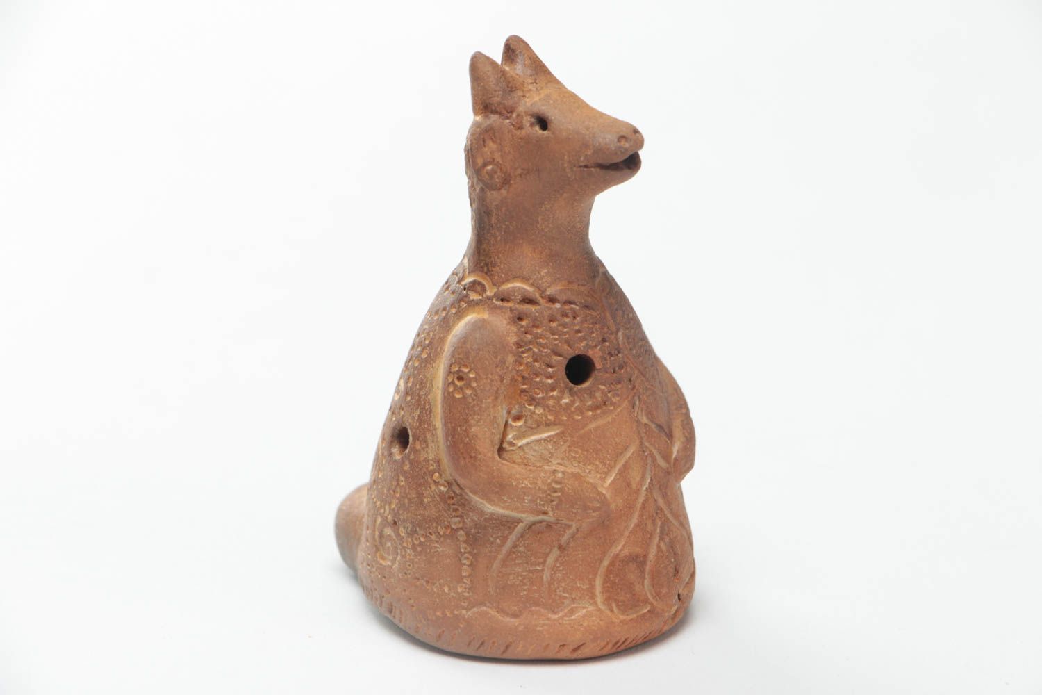 Handmade decorative cute brown ceramic ocarina in the shape of small goat photo 2