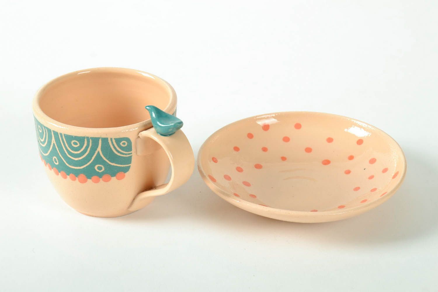 Art clay girl's teacup in light peach color with handle and saucer photo 3