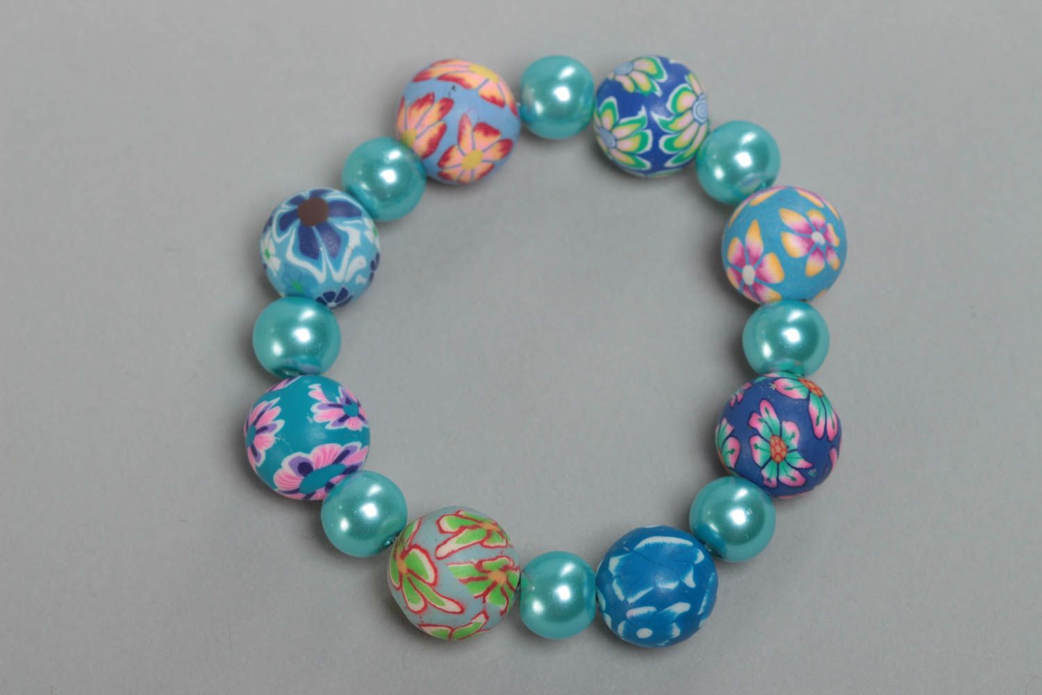 Beautiful blue handmade children's polymer clay bracelet stretchy photo 3