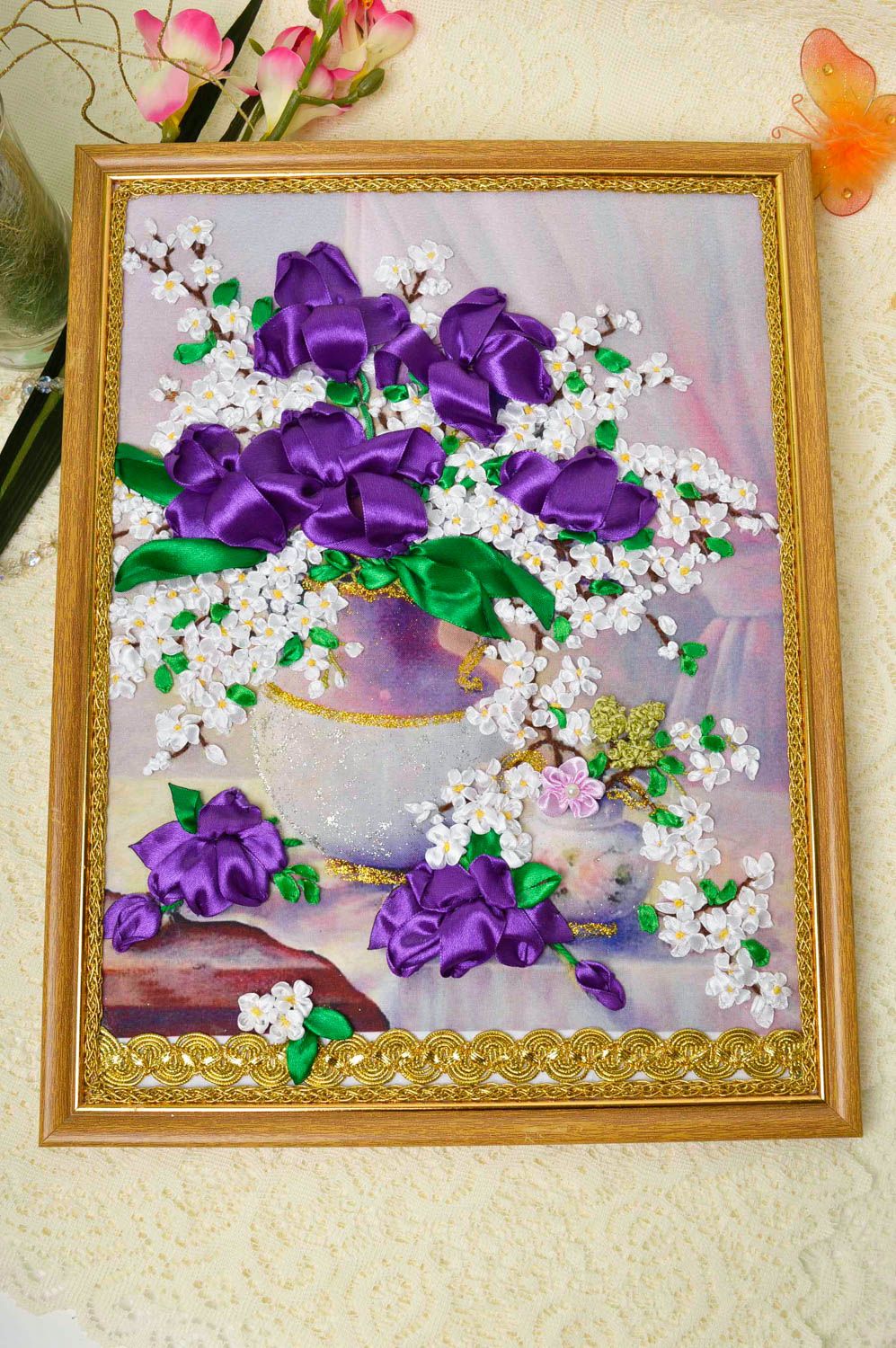 Картина вышитая лентами ручной работы картина на стену картина с цветами фото 1