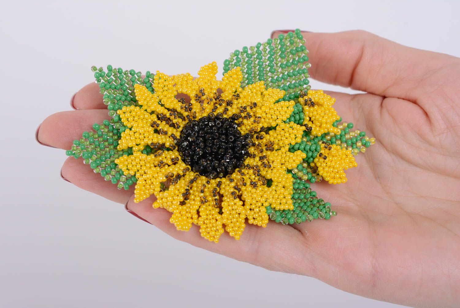 Beaded large bright yellow with green sunflower brooch handmade designer jewelry photo 4