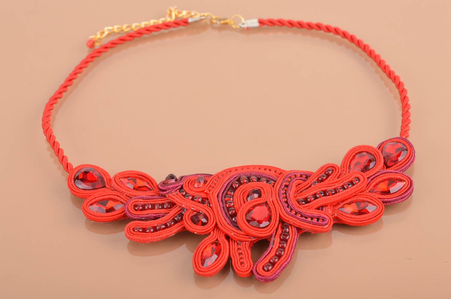 Beautiful handmade red massive textile soutache necklace with beads for women photo 2