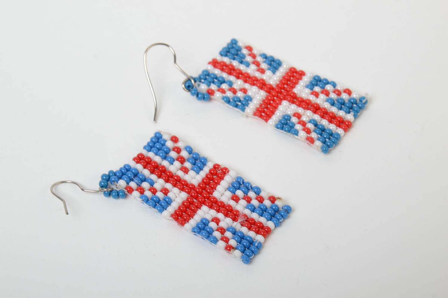 Bright handmade large woven beaded earrings Flag of Great Britain photo 2