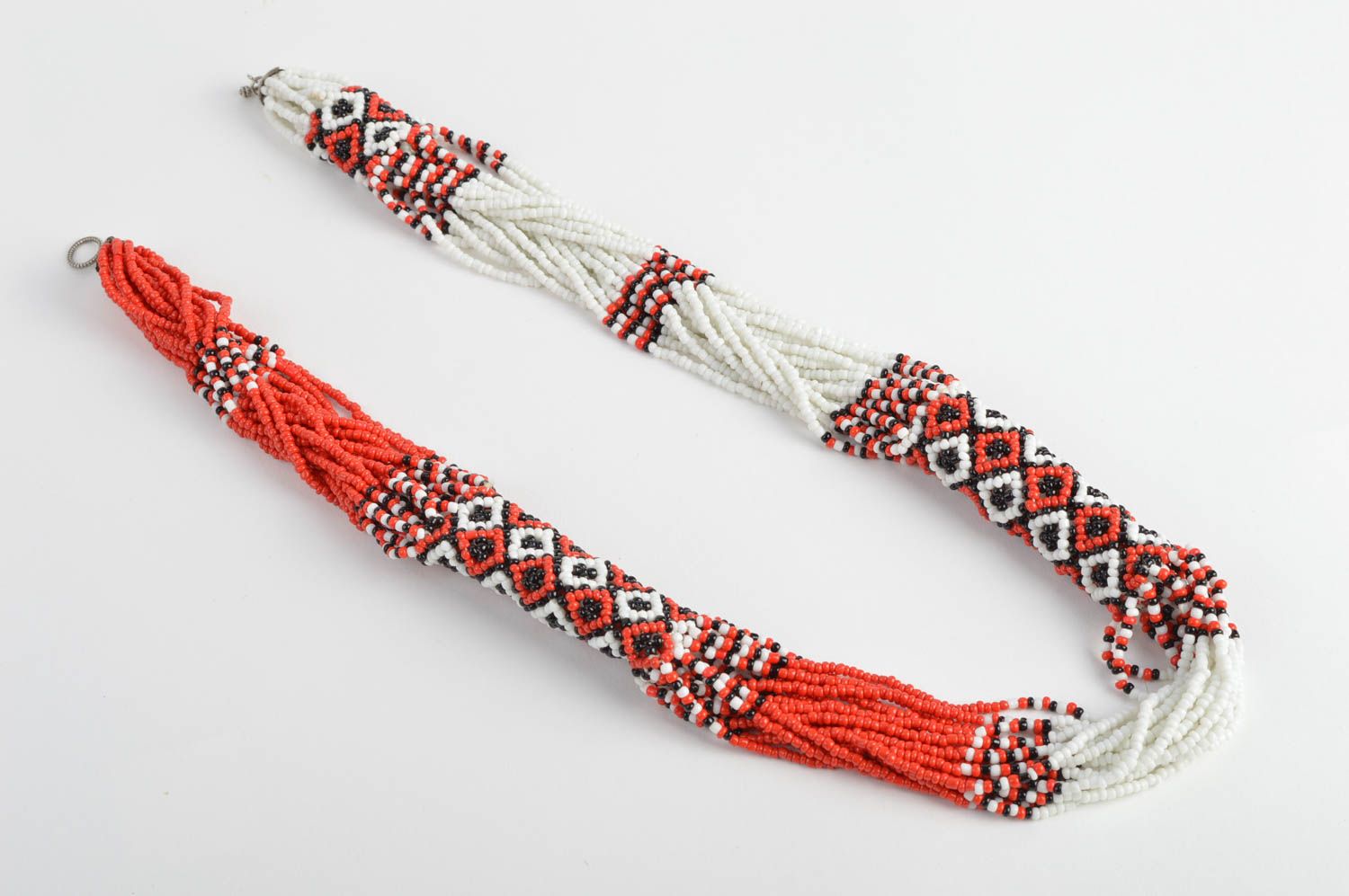 Handmade massive women's red and white beaded cord necklace with ethnic ornament photo 5