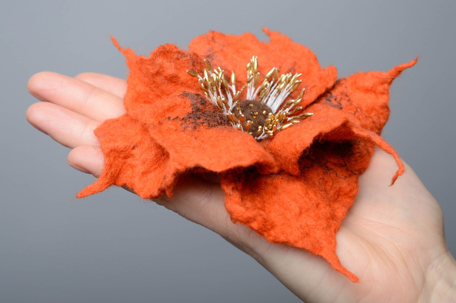 Handmade woolen brooch Orange Flower photo 4