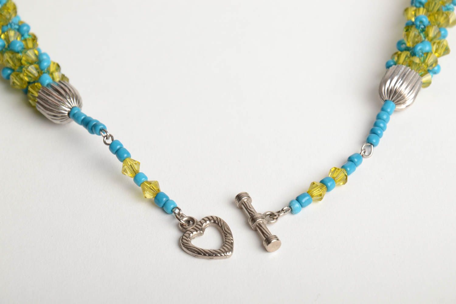 Handmade thin necklace crocheted of Czech beads in blue and yellow colors photo 4
