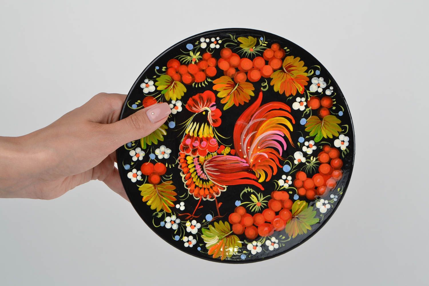 Декоративная тарелка на стену круглая с яркой Петриковской росписью хэнд мейд фото 3