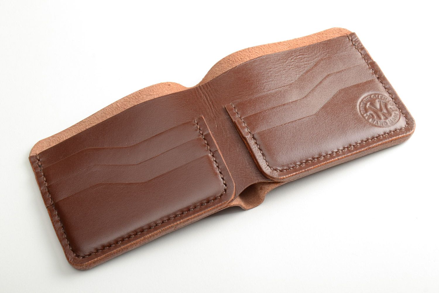 Men's wallet hand made of genuine leather of brown color for 7 departments photo 3