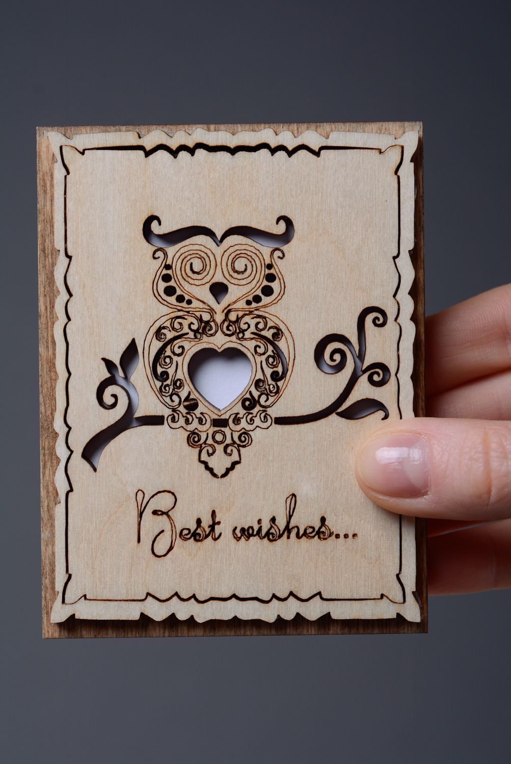 Belle carte de voeux en bois faite main avec hibou gravure laser originale photo 4