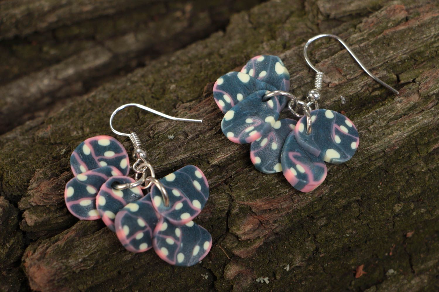 Long handmade earrings made of polymer clay in the form of abstract elements photo 1