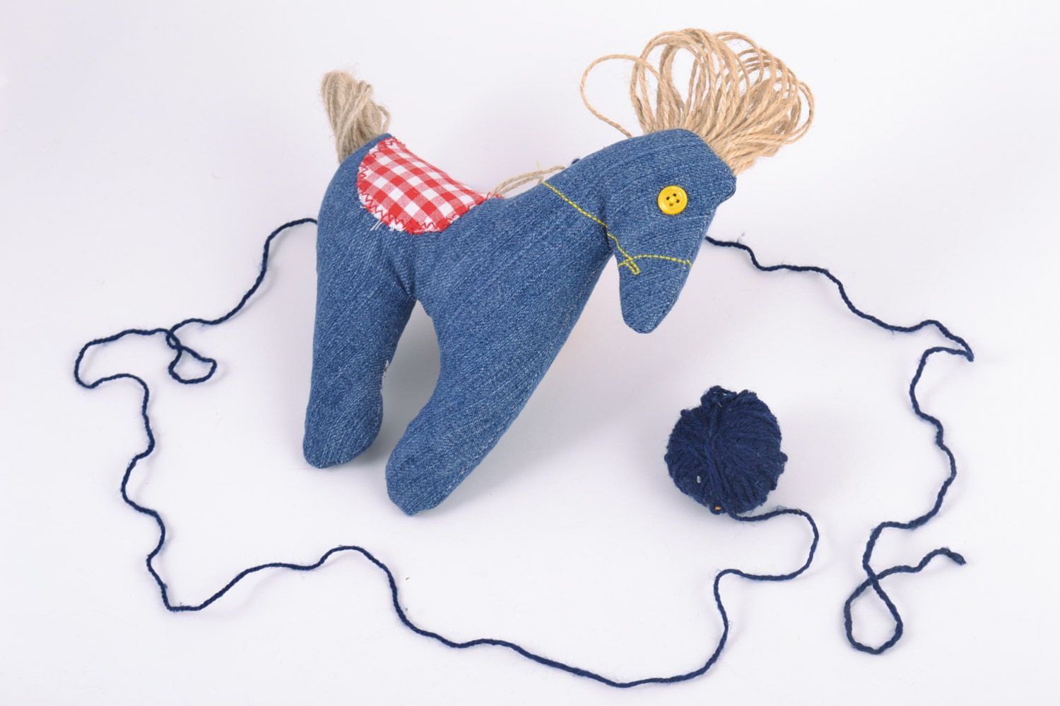 Handmade fabric soft toy filled with buckwheat husk with embroidery blue horse photo 1