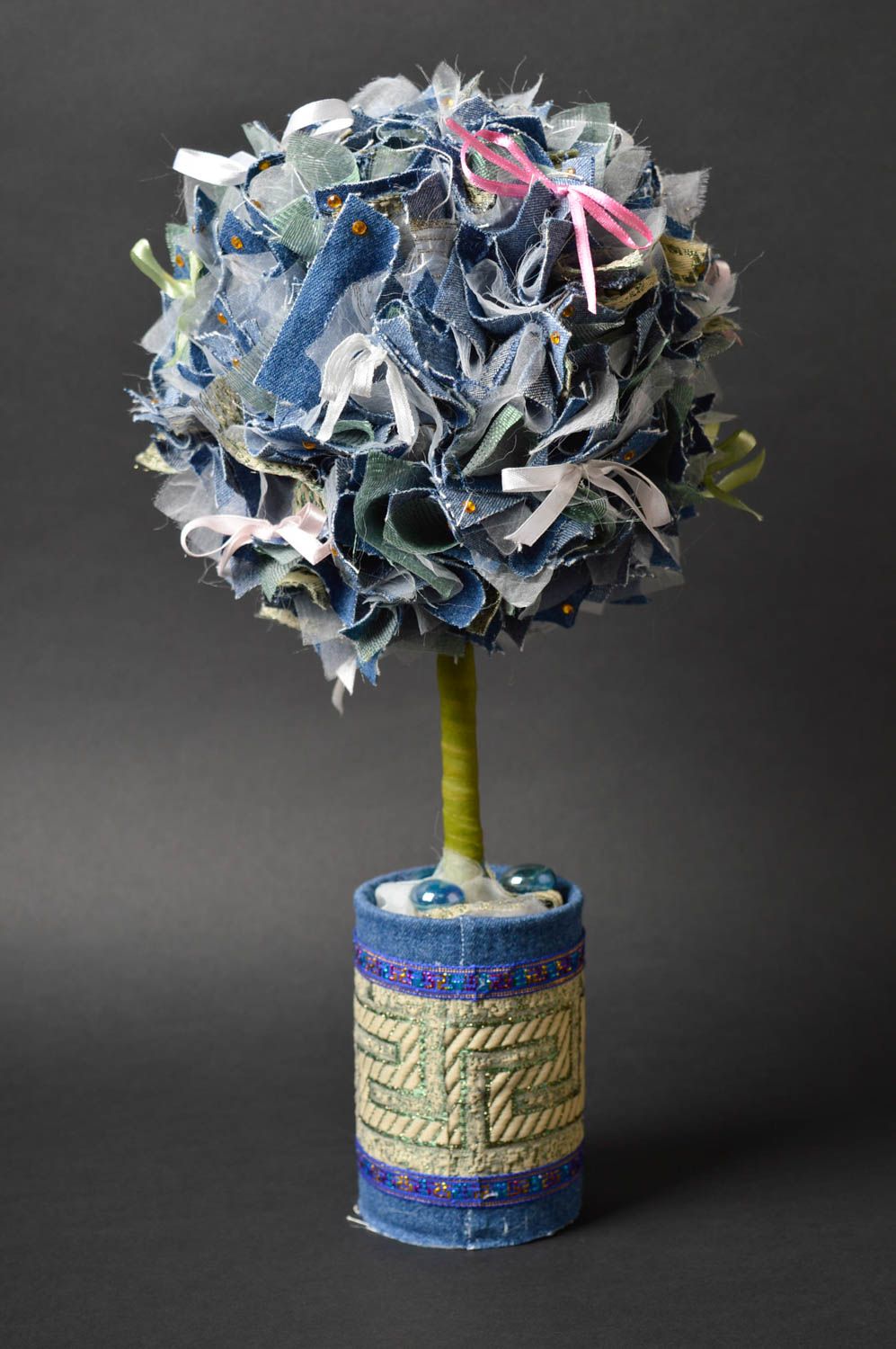 Топиарий из ткани подарок ручной работы дерево счастья из джинса стильное фото 2