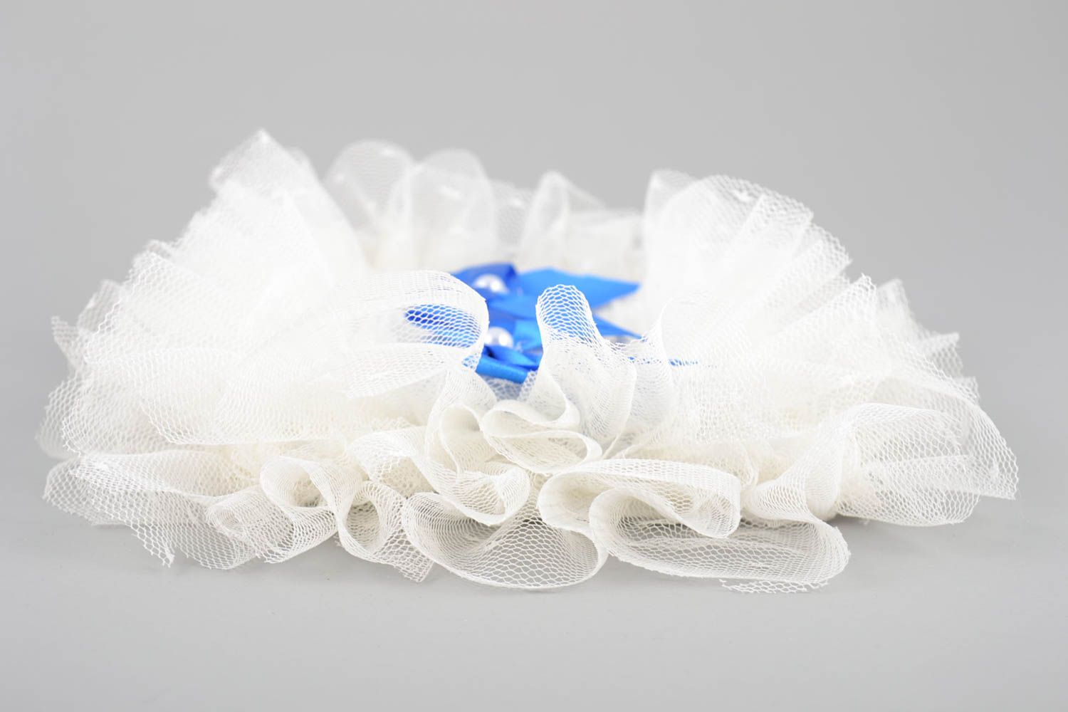 Coussin de mariage tissu blanc fait main ruban bleu pour bagues de fiançailles photo 4