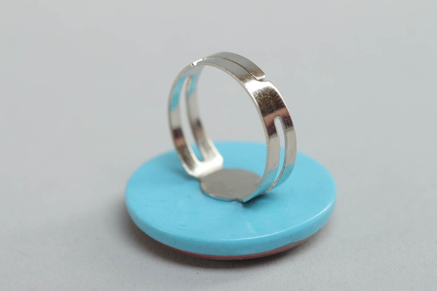 Handmade round polymer clay jewelry ring with ornament coated with glass glaze photo 4