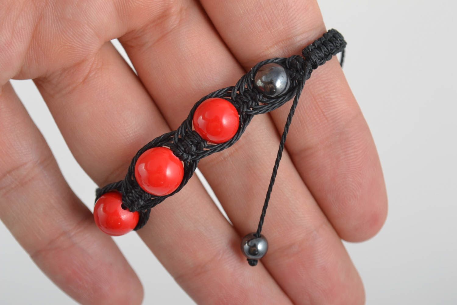 Strand large red beads handmade Shambala bracelet in black cord for women photo 5