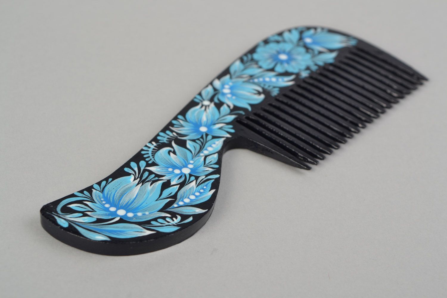 Handmade wooden hair comb with Petrikov painting black with flowers Vinca photo 4
