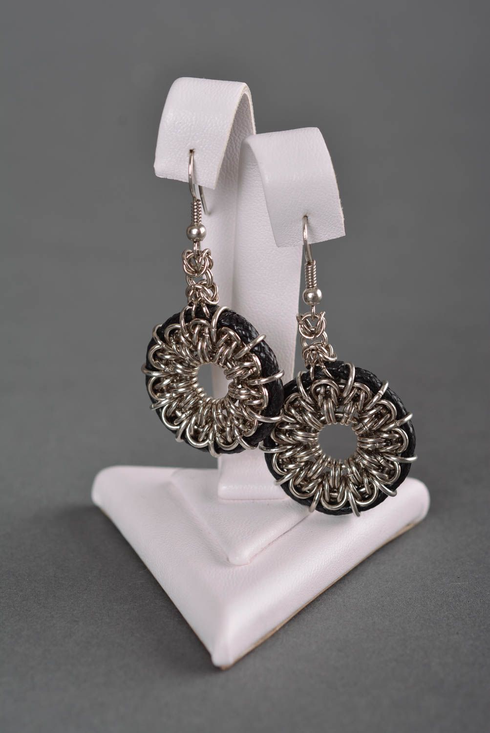 Handmade designer earrings made of metal round metal earrings metal jewelry photo 2