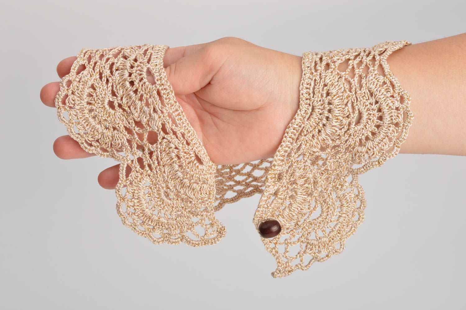 Col amovible en fils de coton avec lurex fait main au crochet beige ajouré photo 5