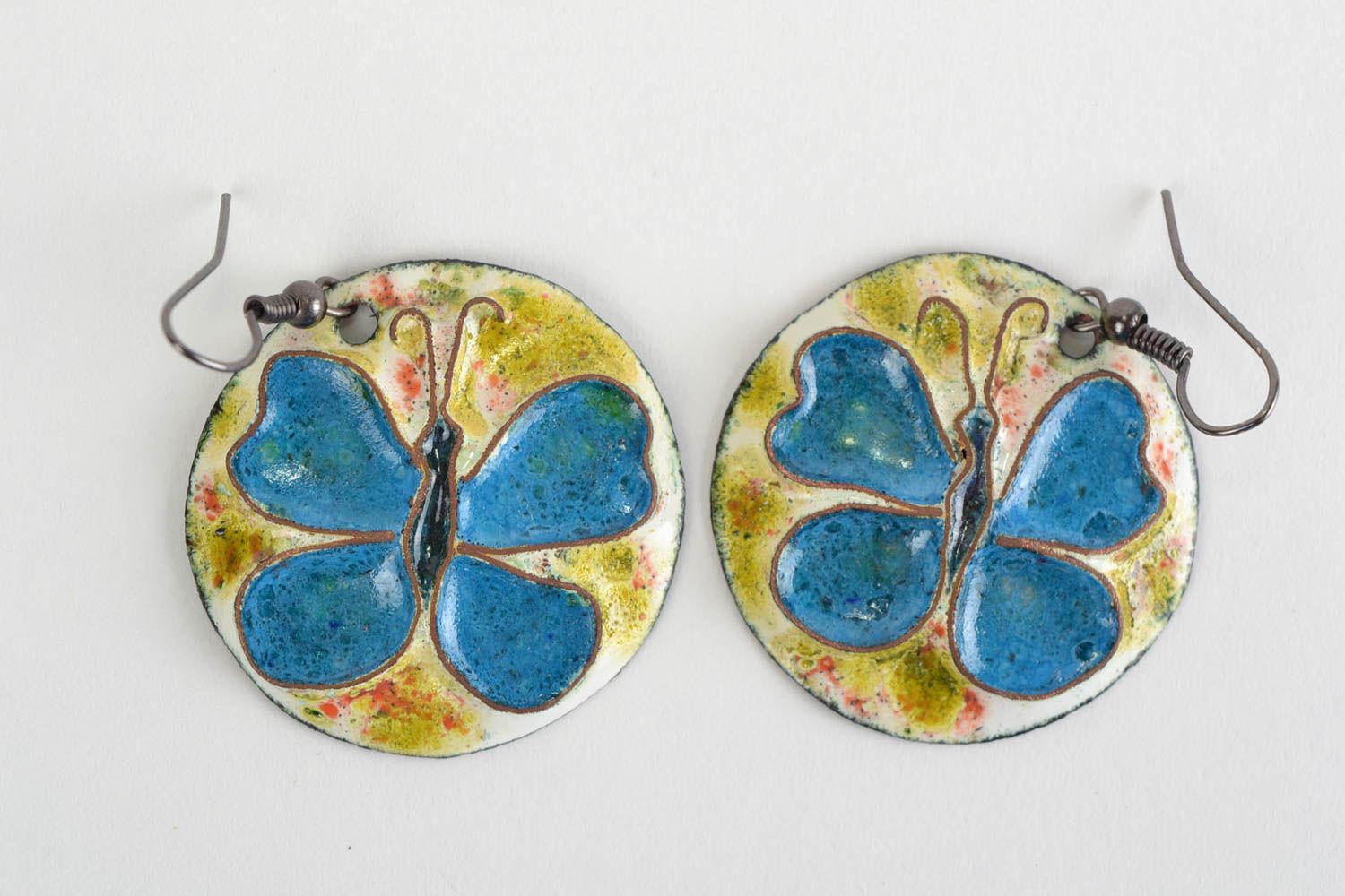 Handmade round copper earrings painted with colorful enamels Blue Butterflies photo 3