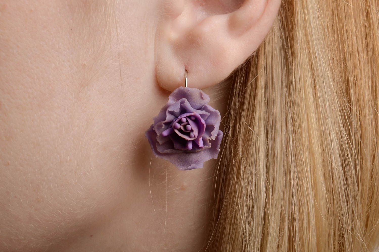 Unusual beautiful lilac handmade plastic flower earrings for women photo 2