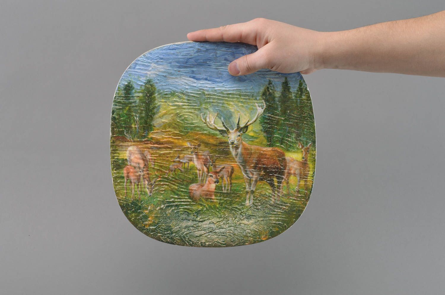 Handmade glass plate decorated using decoupage technique Forest Friends photo 4