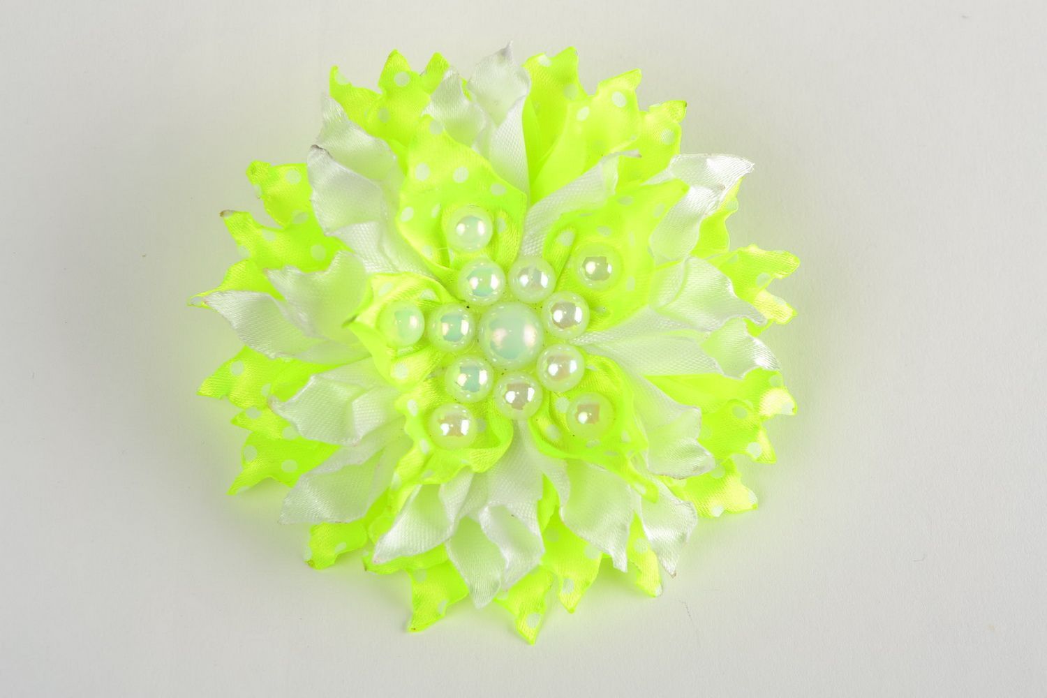 Handmade hair tie with large volume satin flower of lemon and white colors photo 3
