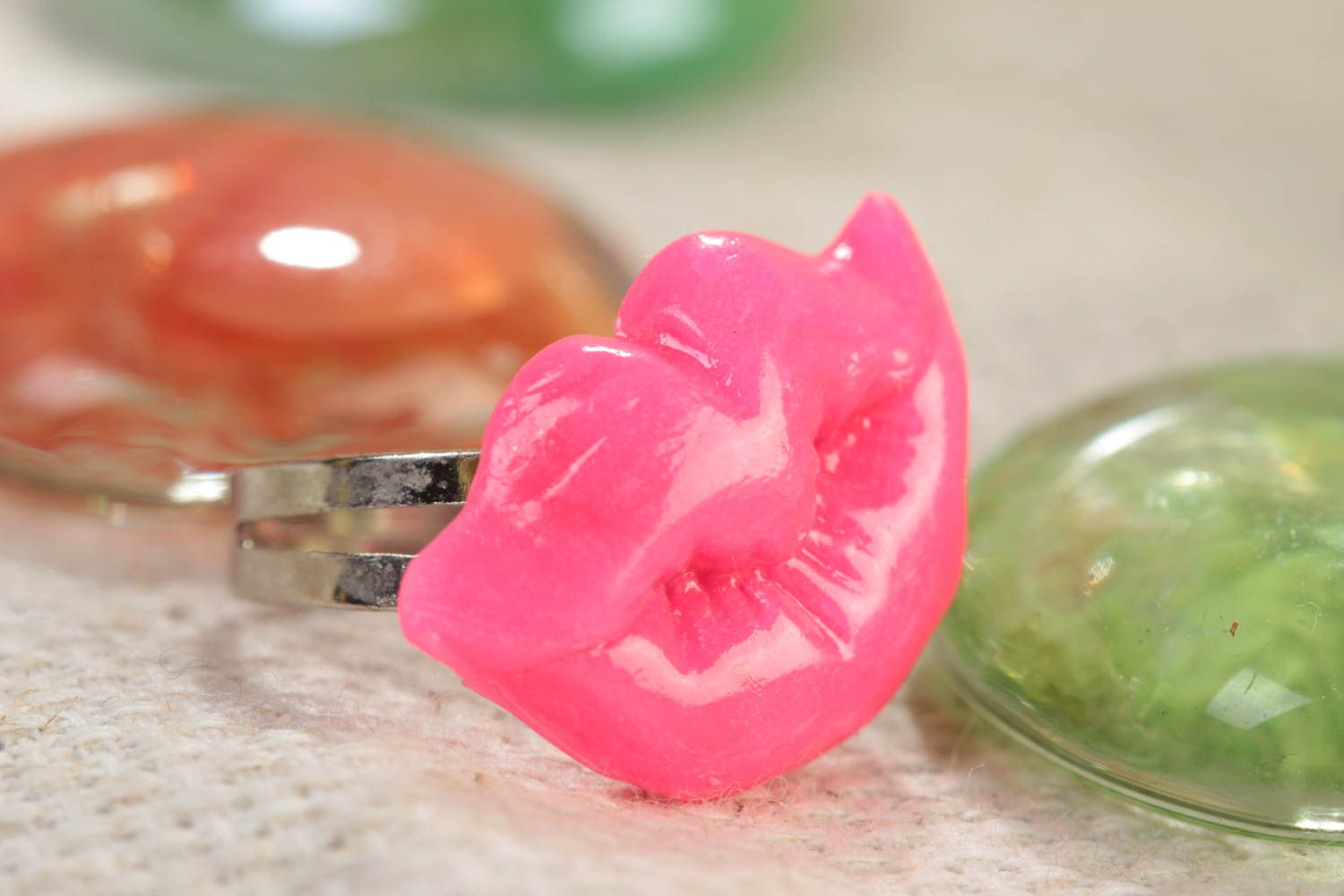 Handmade jewelry ring on metal basis with polymer clay bright pink lips top photo 1