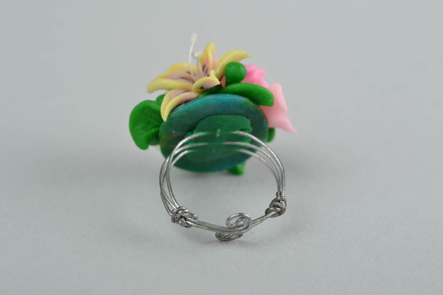 Unusual beautiful handmade volume polymer clay flower ring on wire wrap basis photo 4