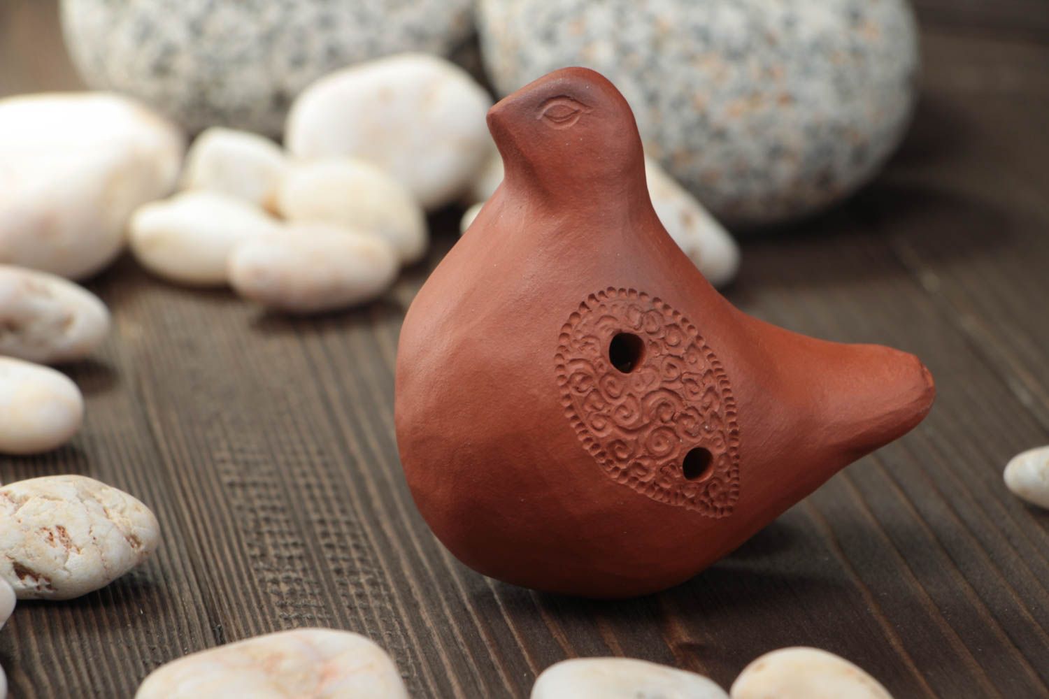 Small brown handmade designer clay whistle flute ceramic ocarina Birdie photo 1