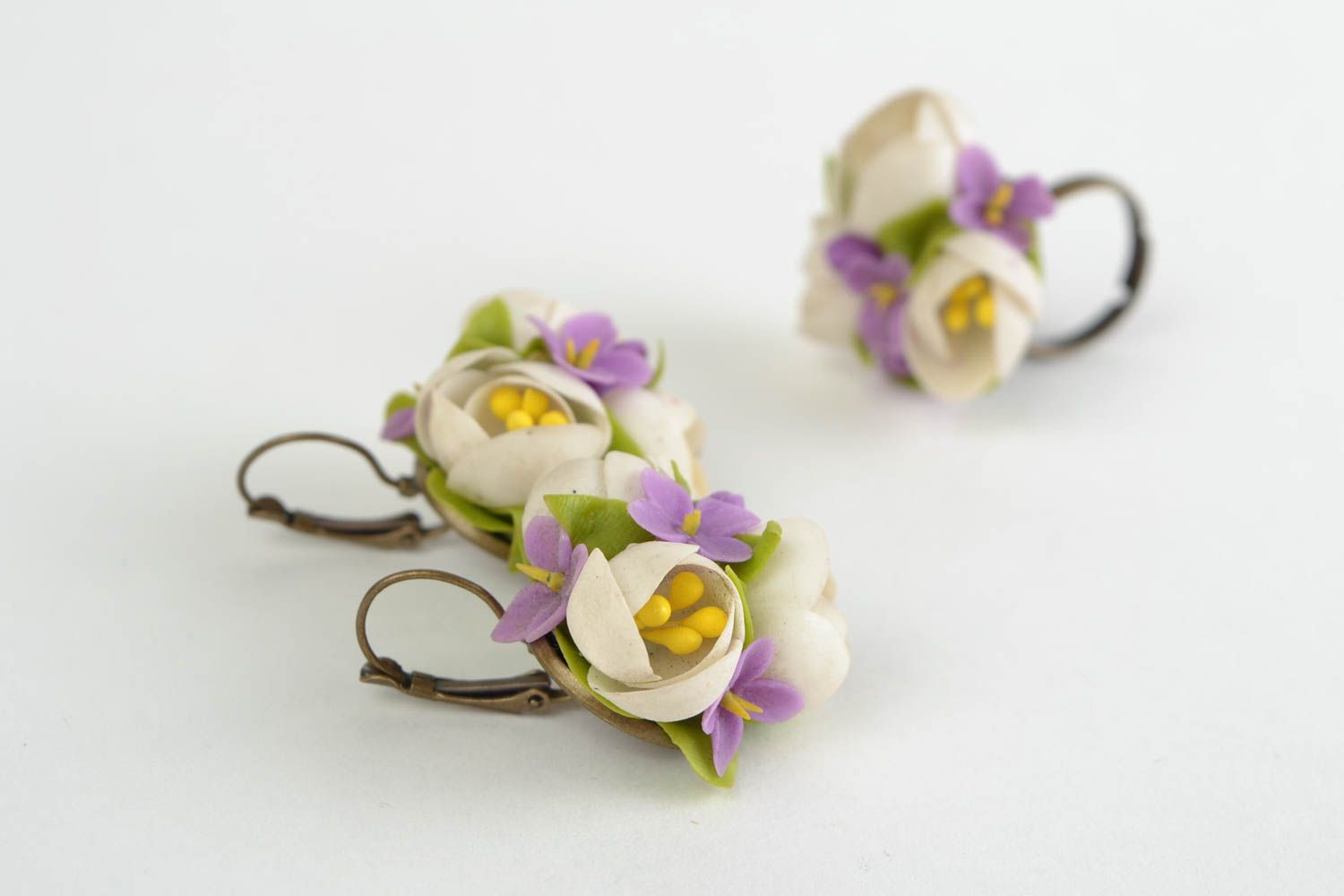 Earrings and a ring made of cold porcelain with white flowers handmade set photo 4