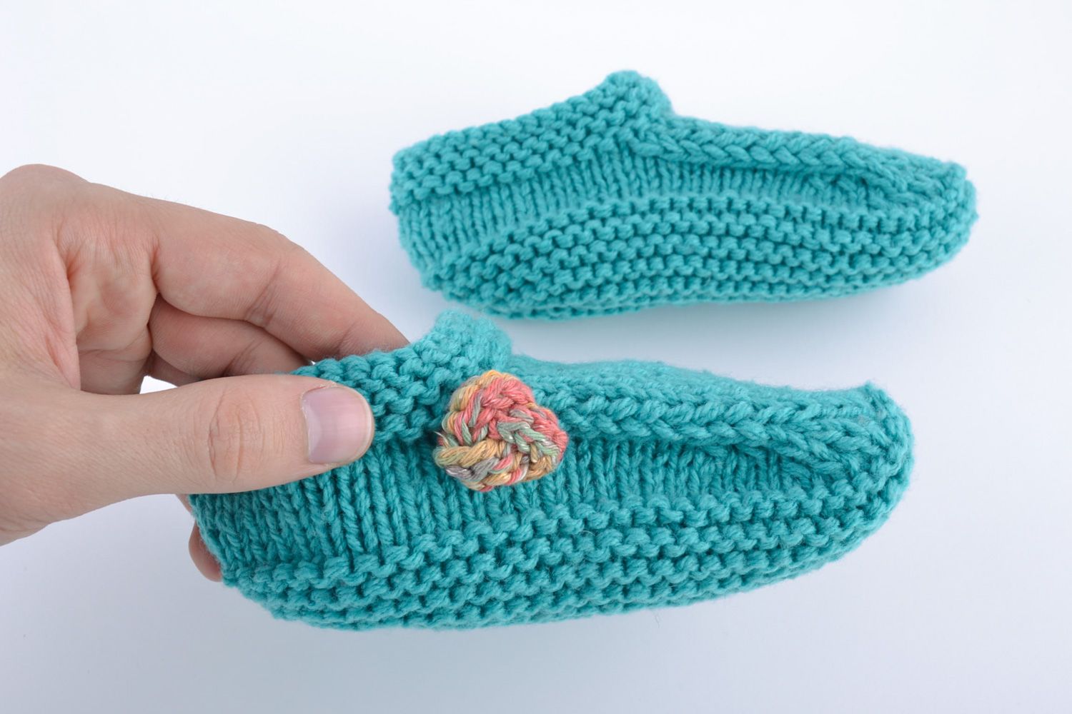 Beautiful handmade knitted warm half-woolen slippers of turquoise color for women photo 4