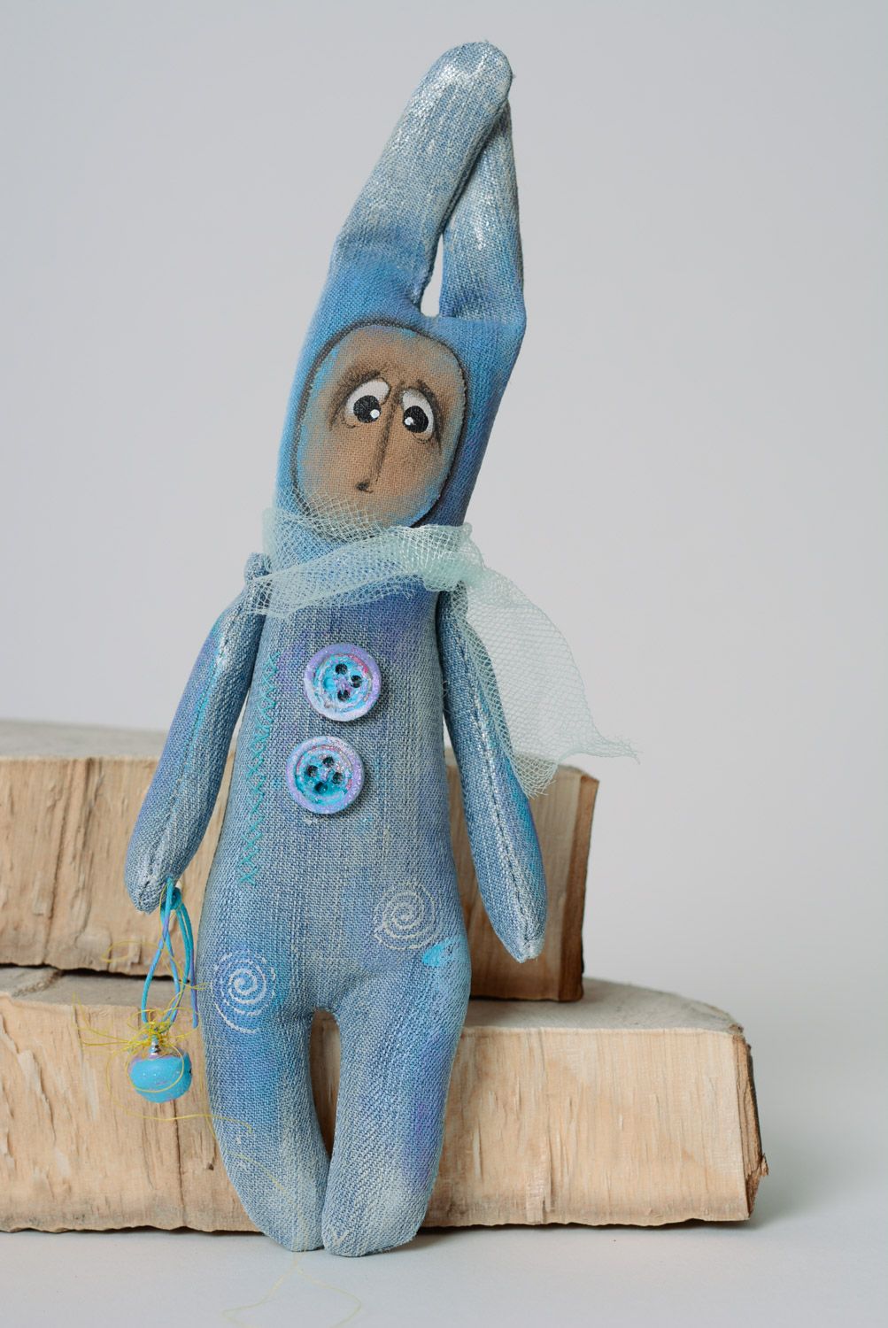 Handmade designer soft toy sewn of denim fabric and painted with acrylics photo 1
