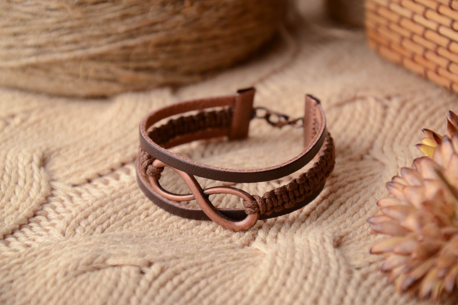 Handmade leather bracelet of brown color photo 1