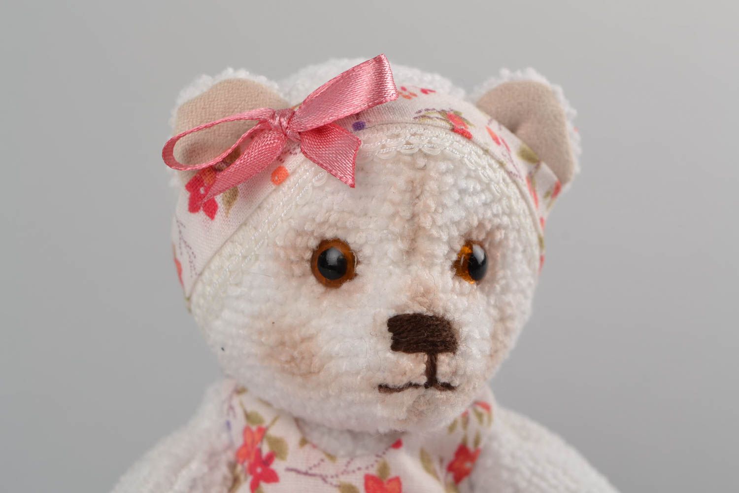 Handmade designer small fabric soft toy white bear in floral dress with headband photo 4