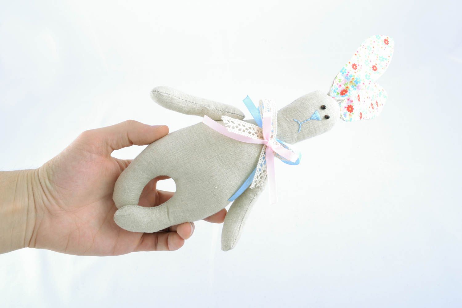Peluche lapin de créateur faite main en tissu de coton et lin décoration maison photo 4