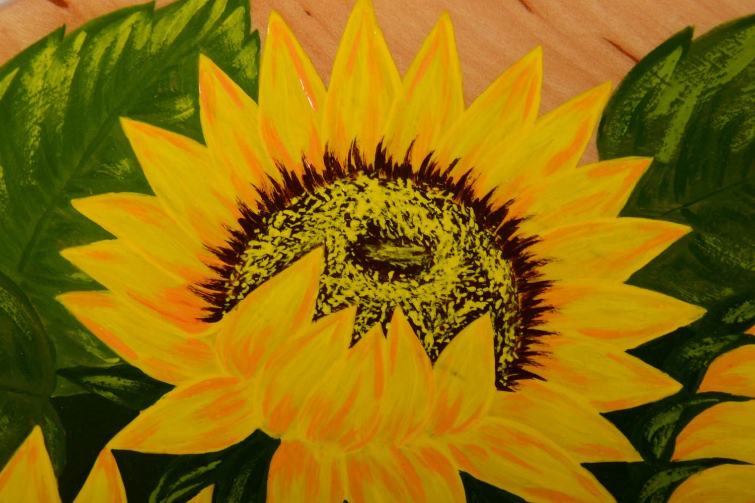 Handmade decorative light wooden wall plate with painting Sunflowers photo 3