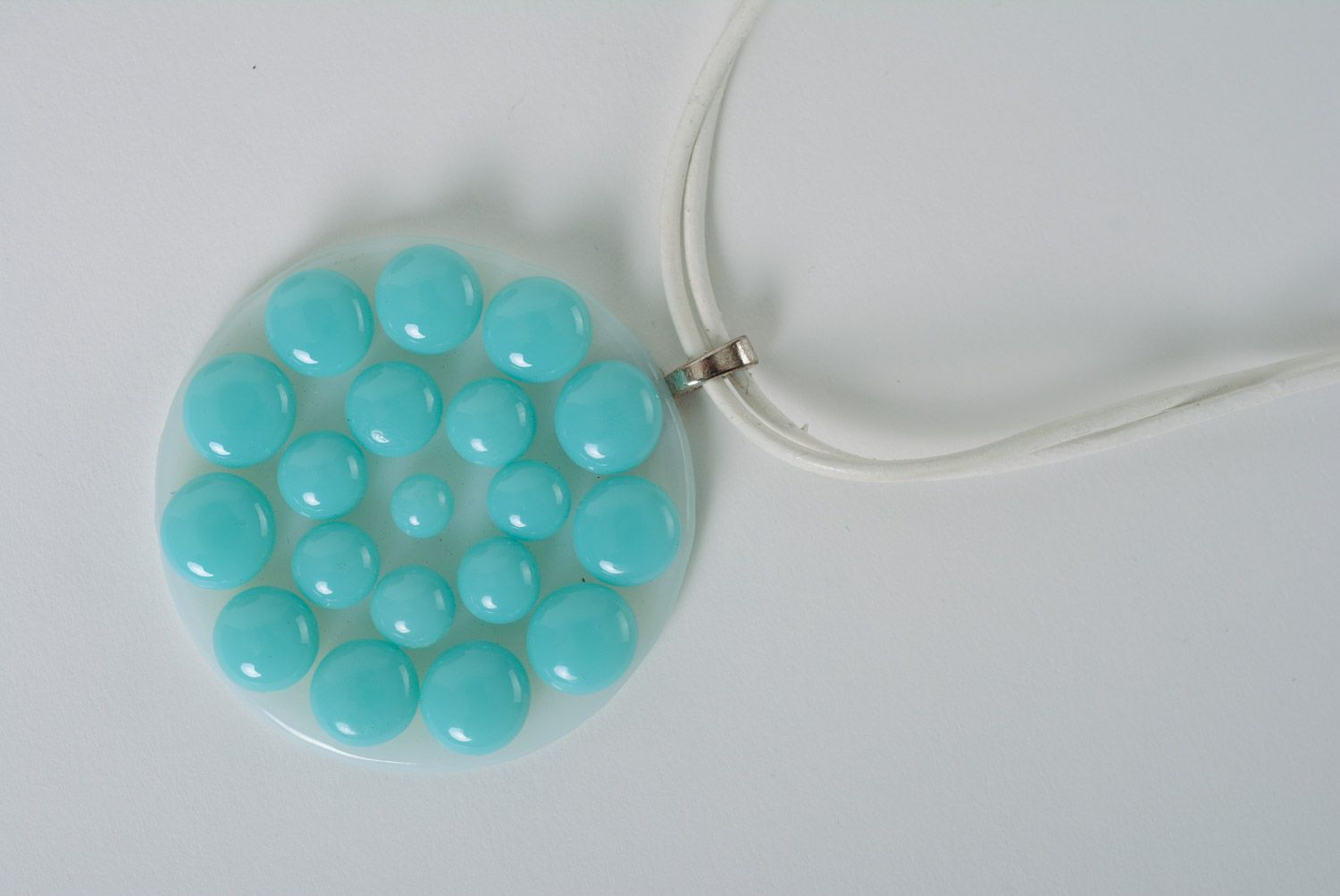 Handmade round fusing glass pendant in white and blue colors on cord for women photo 3