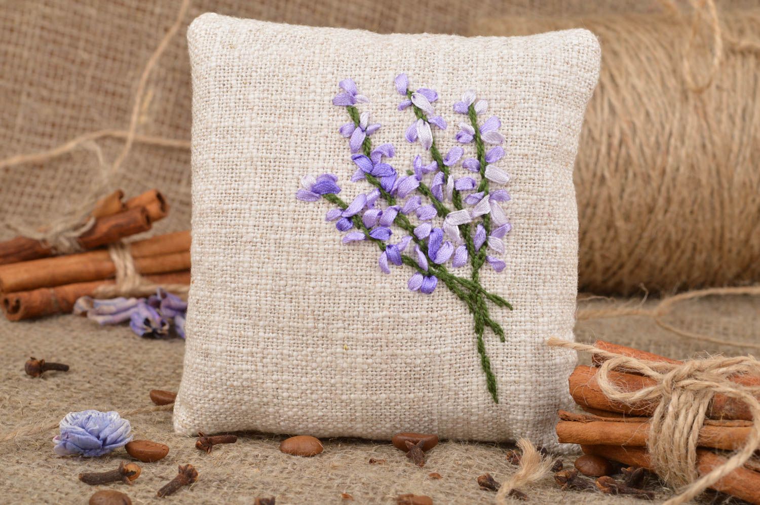 Beautiful small fabric interior cushion with ribbon embroidery for home decor photo 1