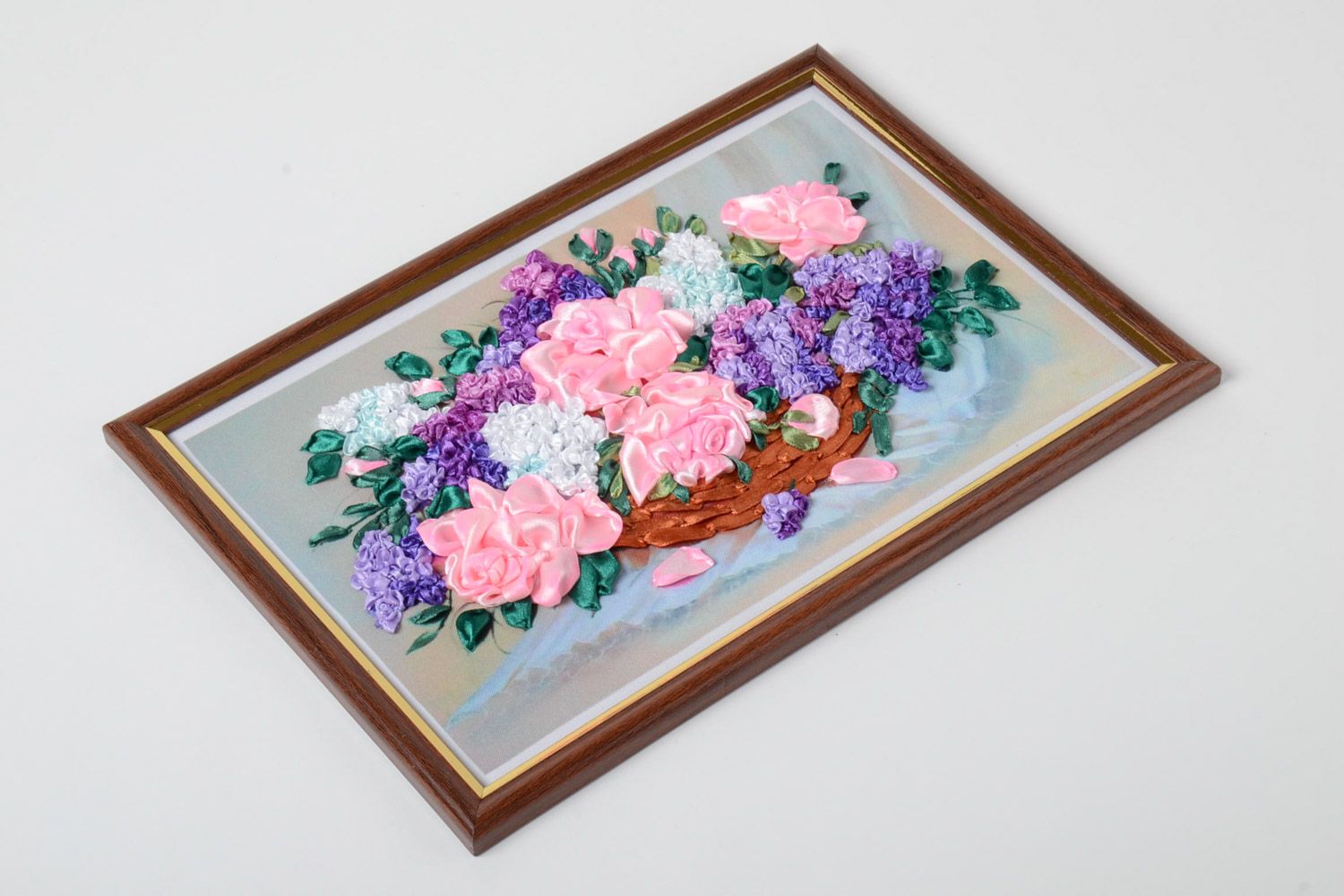 Gentle handmade satin ribbon flower embroidery in pink color palette in wooden frame  photo 2