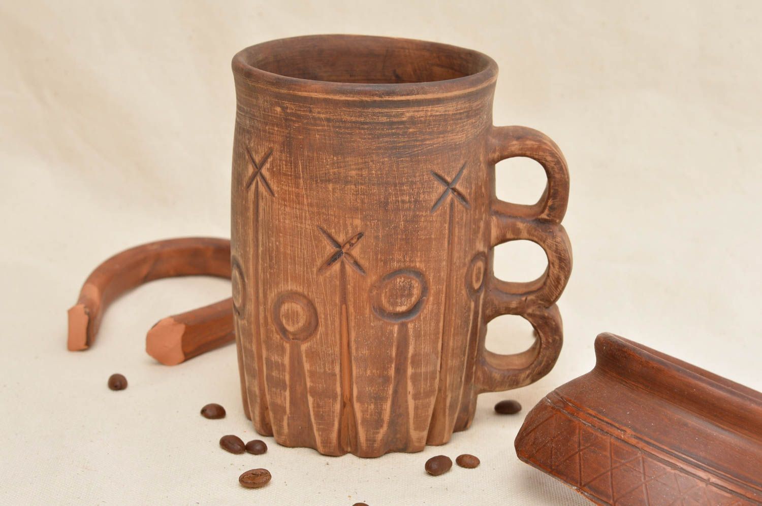 8 oz tall clay handmade mug with handle and UFO pattern photo 1