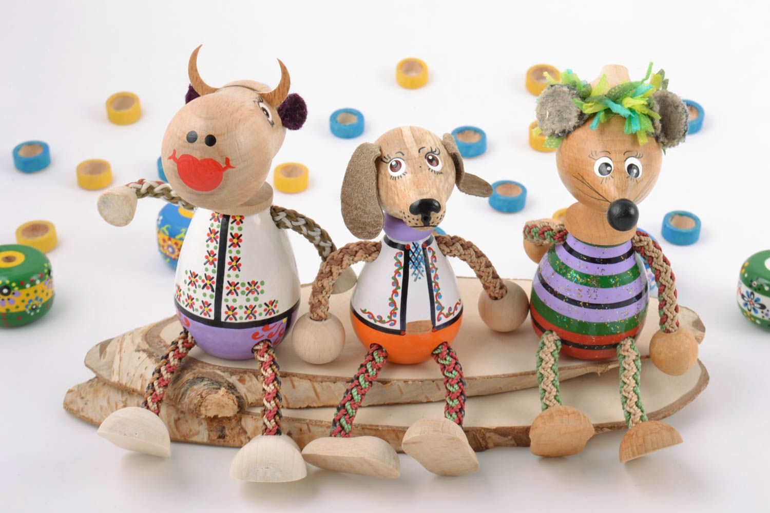 Handmade Holz Spielzeuge Set 3 Stück Kuh Maus und Hund schön bunt für Kinder foto 1