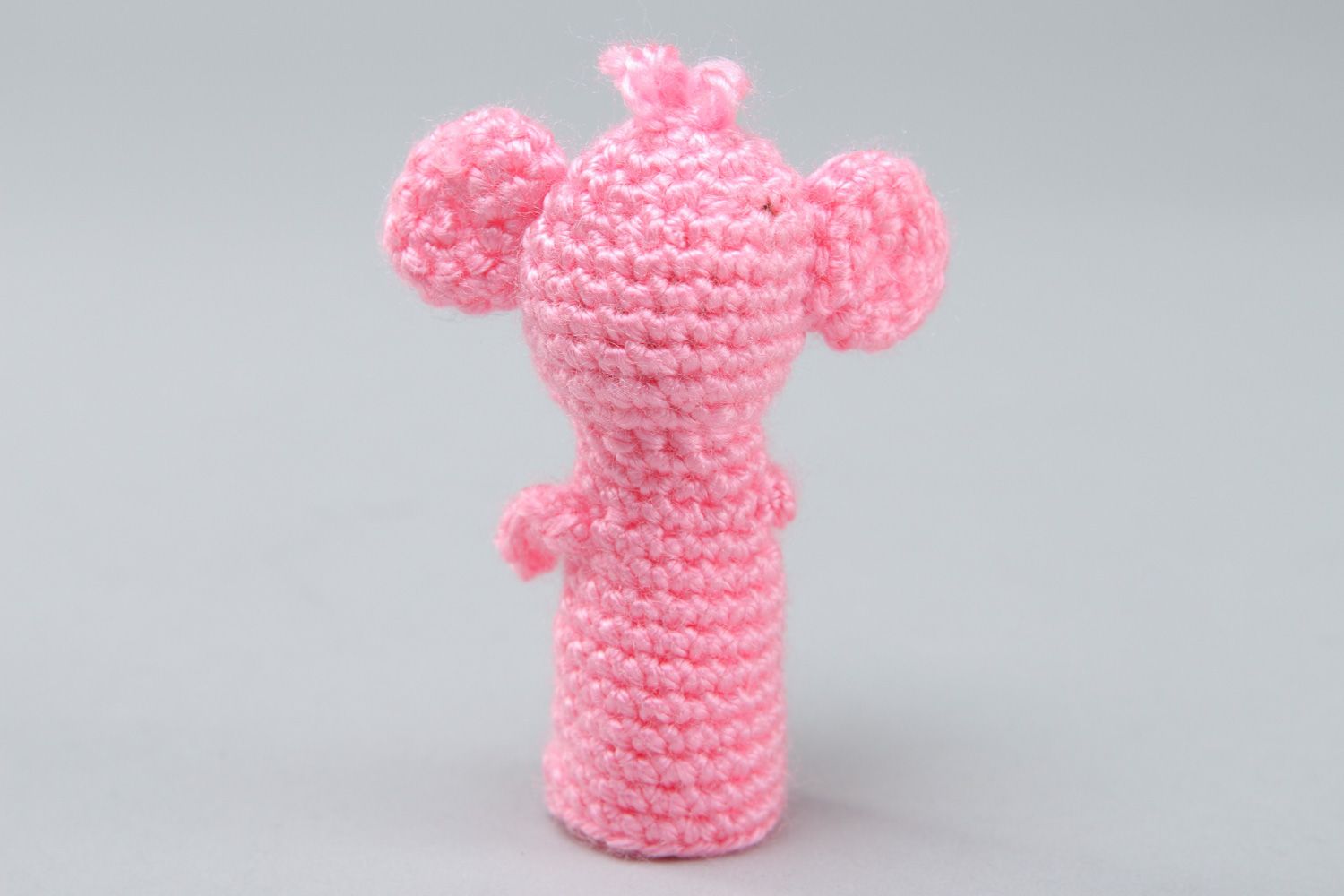 Handmade finger puppet in the shape of pink elephant crocheted of acrylic threads photo 2