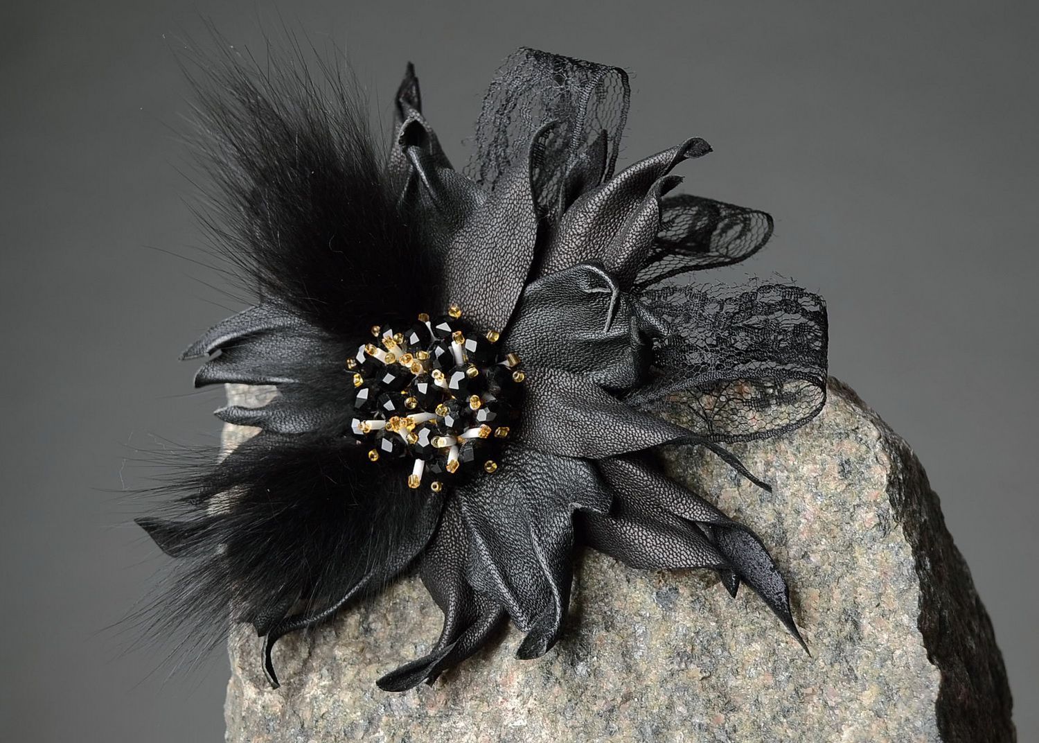 Brooch made from leather, beads, fur Mysteriousness photo 4