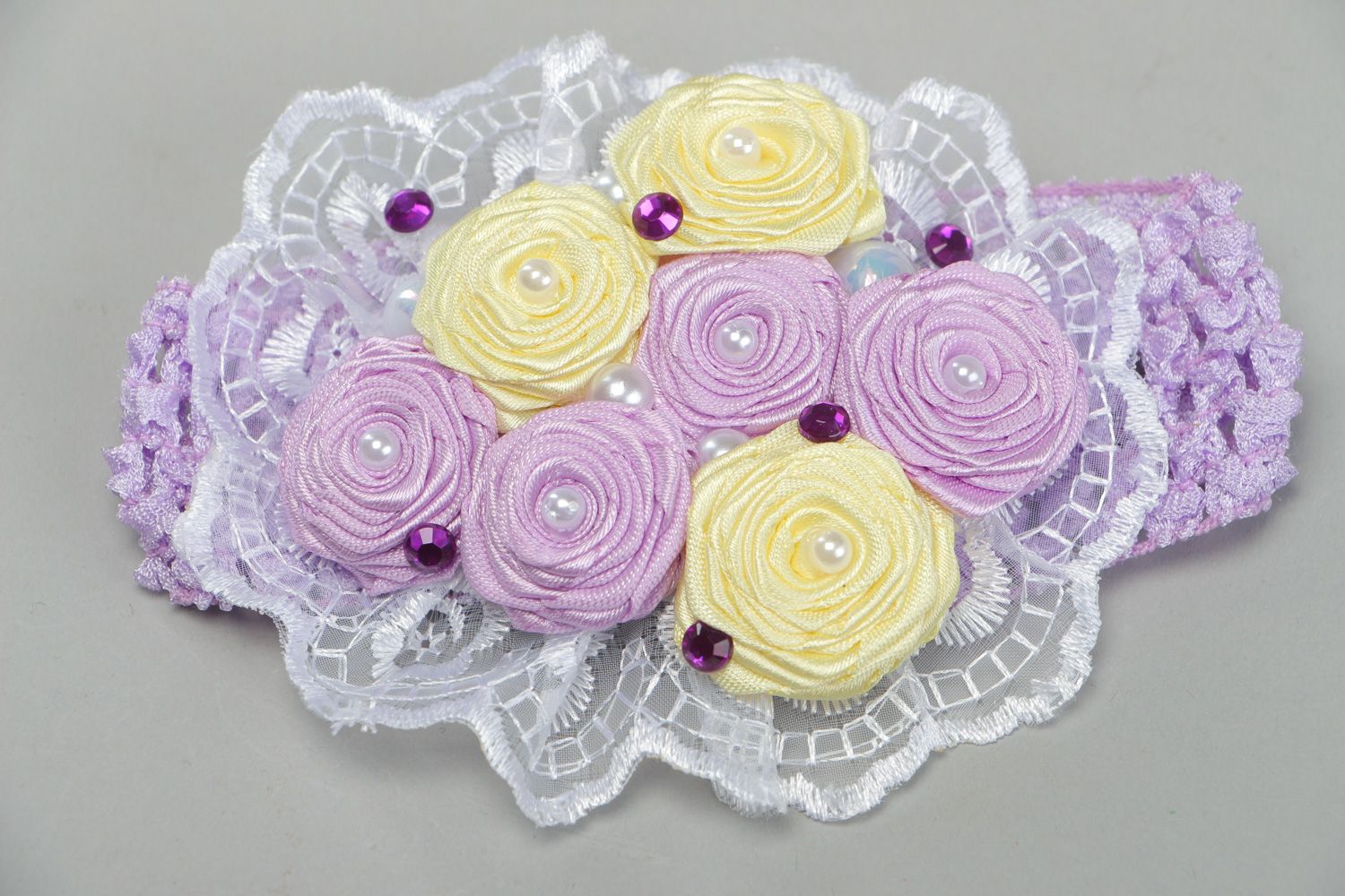 Stylish handmade headband with satin ribbon flowers in tender violet color palette photo 1