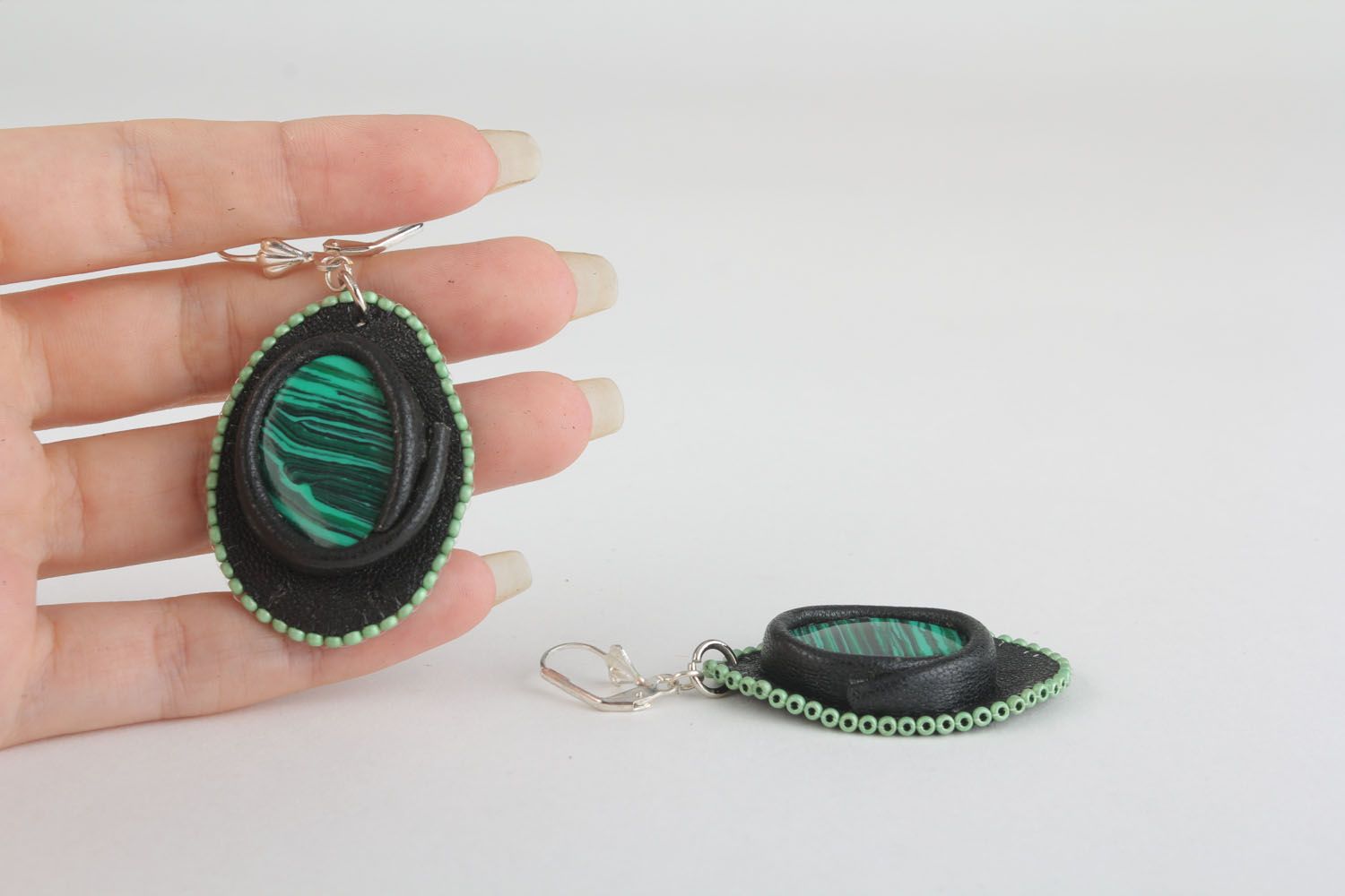 Leather earrings with malachite photo 4