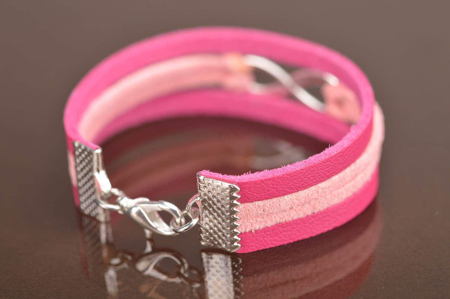 Handmade designer pink wide leather and suede bracelet with infinity sign photo 2