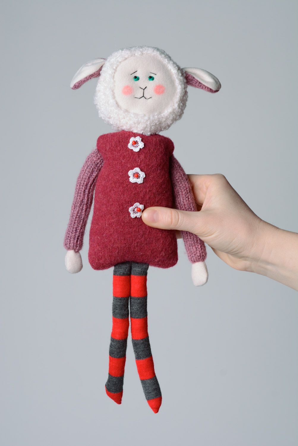 Cute handmade soft toy sewn of jersey and wool in the shape of lamb in coat photo 3