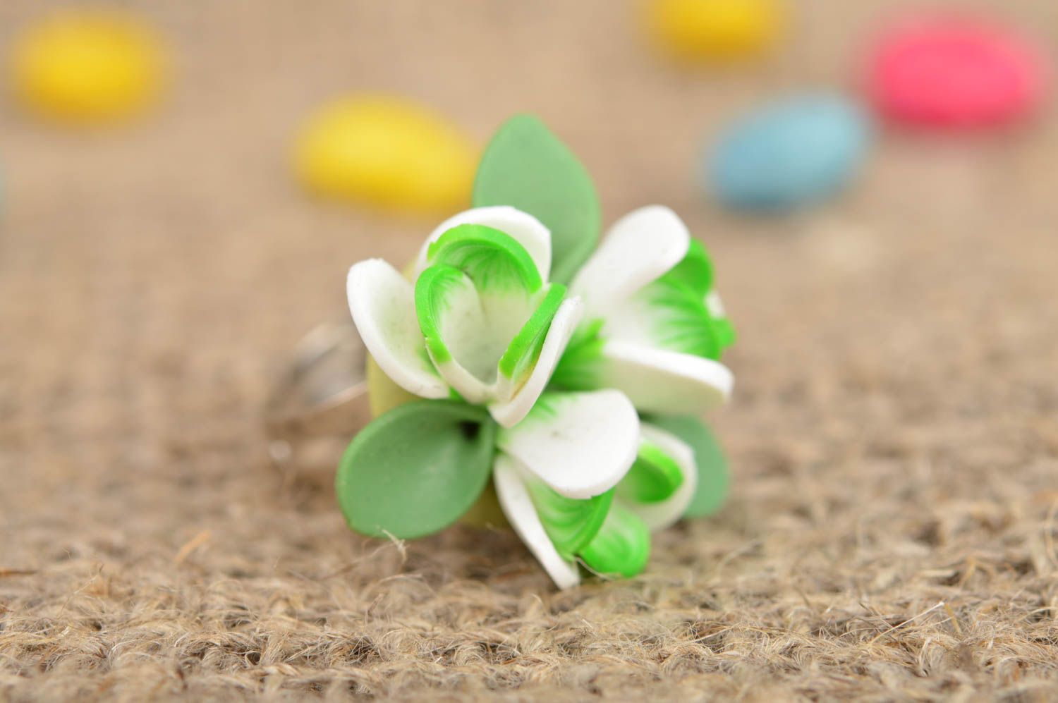 Handmade designer jewelry ring with volume polymer clay white and green flowers photo 1